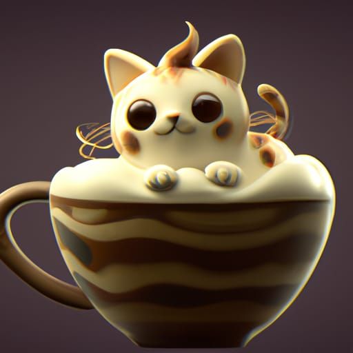 Adorable Latte Cat in Teacup: Detailed Matte Painting