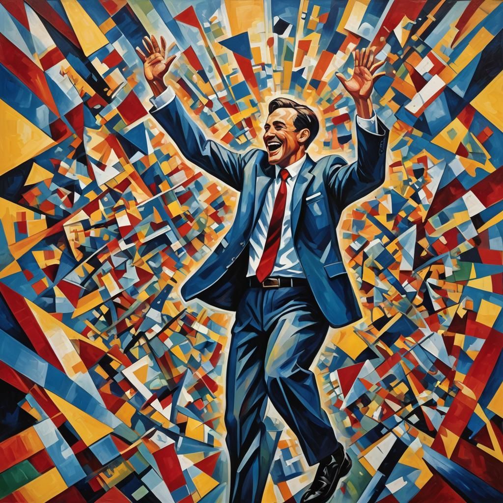 Geometric Cubist Figure Expressing Joy in Vibrant Colors