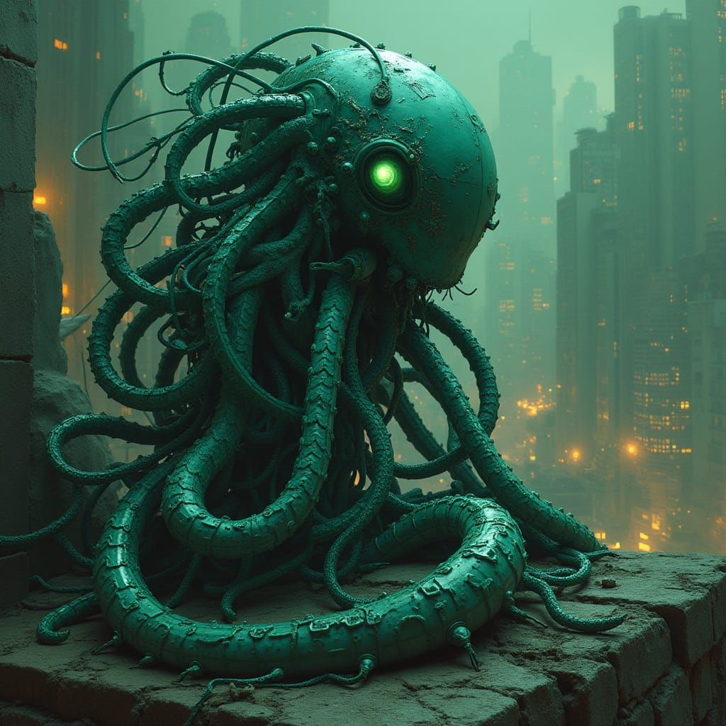 Biomechanical Medusa in Cyberpunk Cityscape