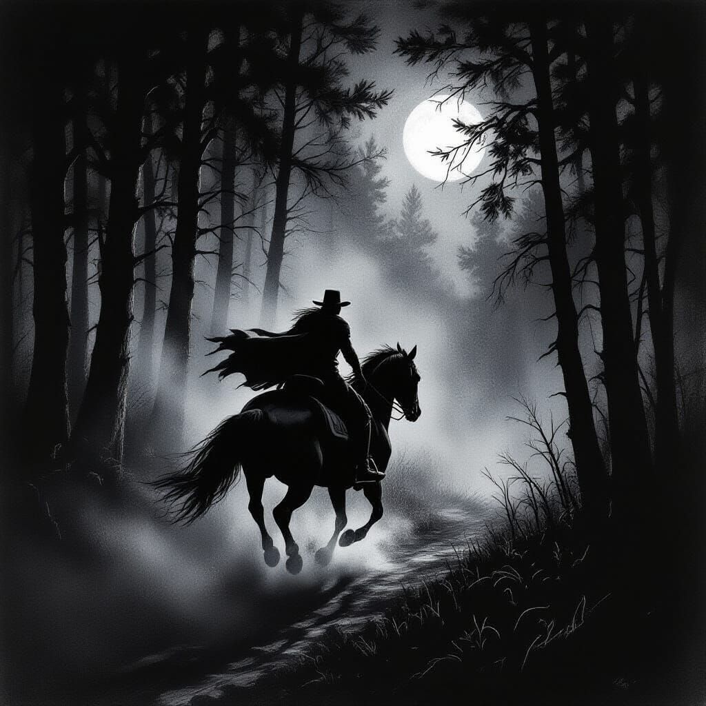Lone Rider Gallops Through Moonlit Forest
