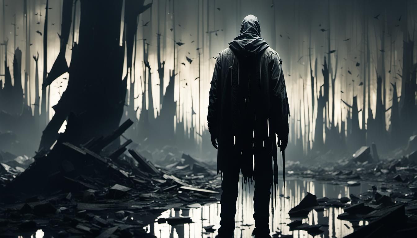 Eerie Figure in Horror Universe with Broken Mirror