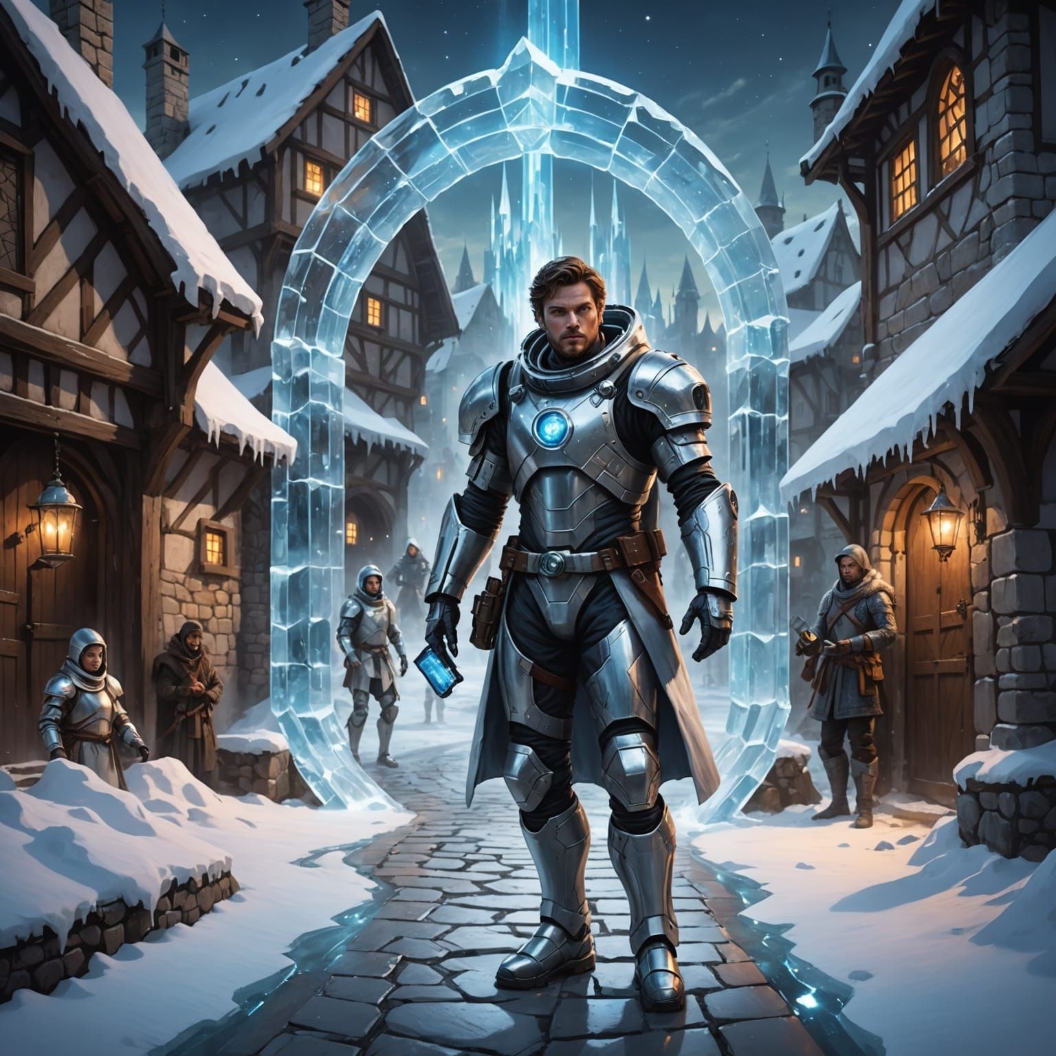 Futuristic Scientist Steps Through Icy Portal