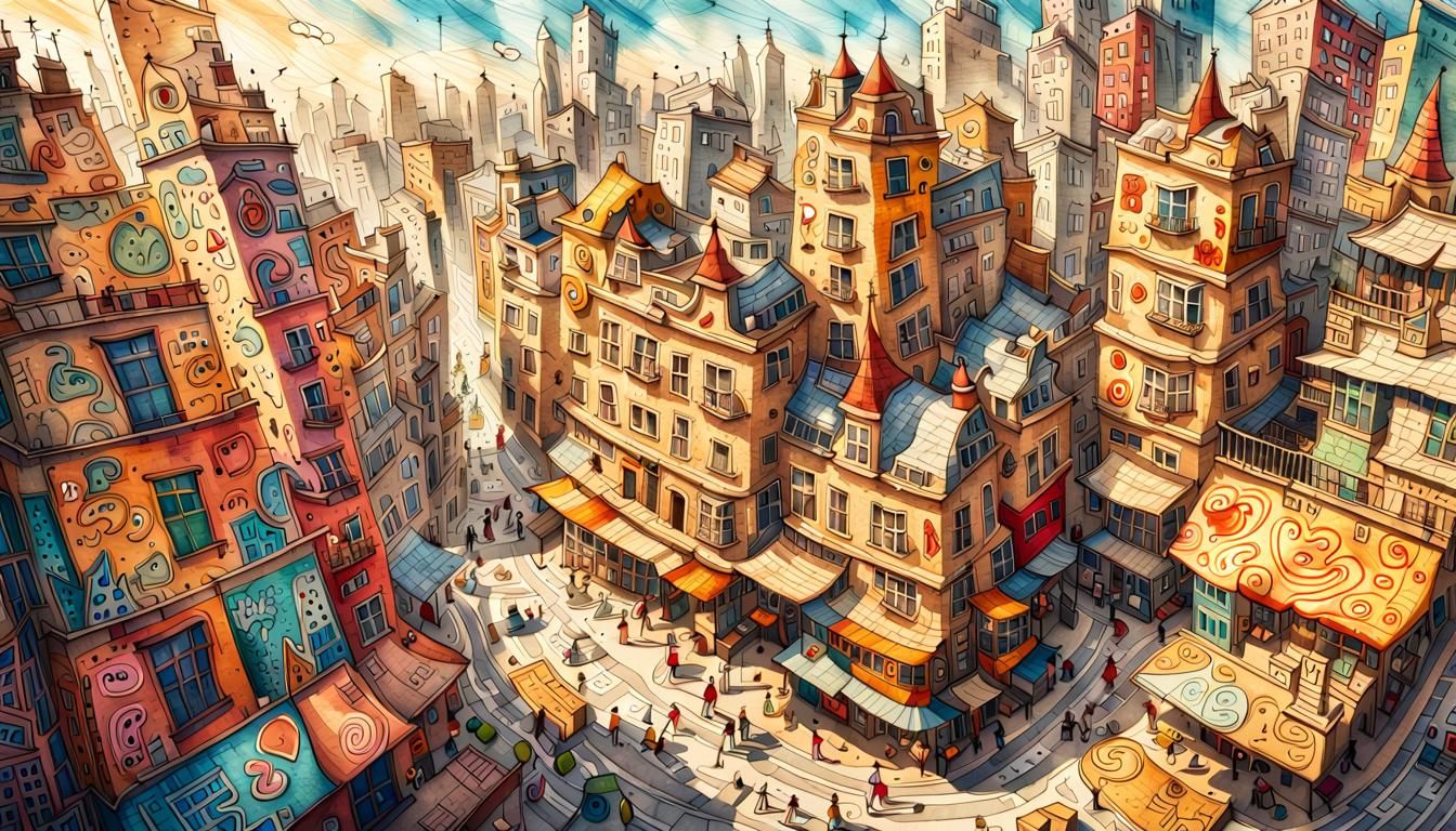 Whimsical Doodle Cityscape Illustration in Mixed Media