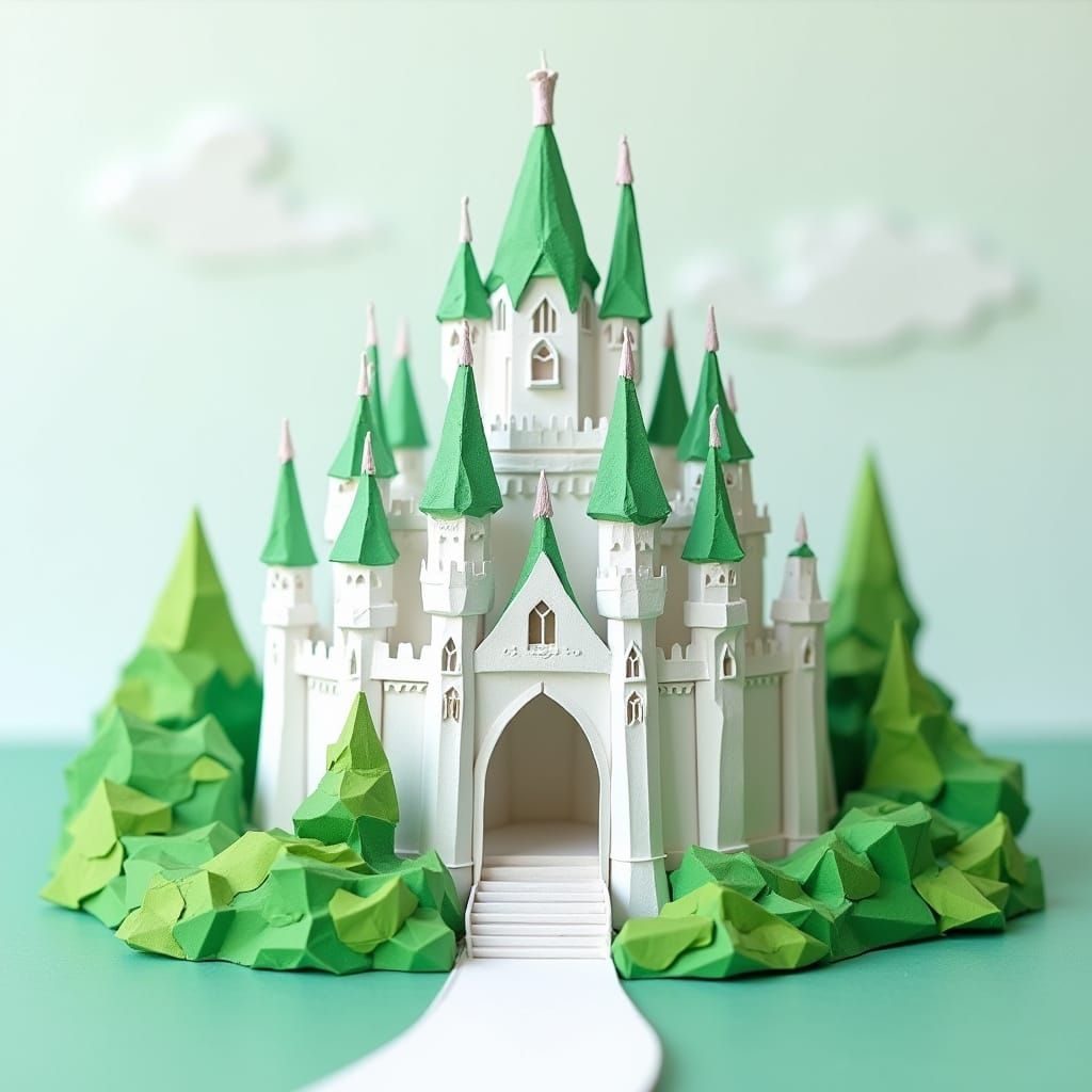 Grand Origami Castle in White and Green, Intricately Crafted...