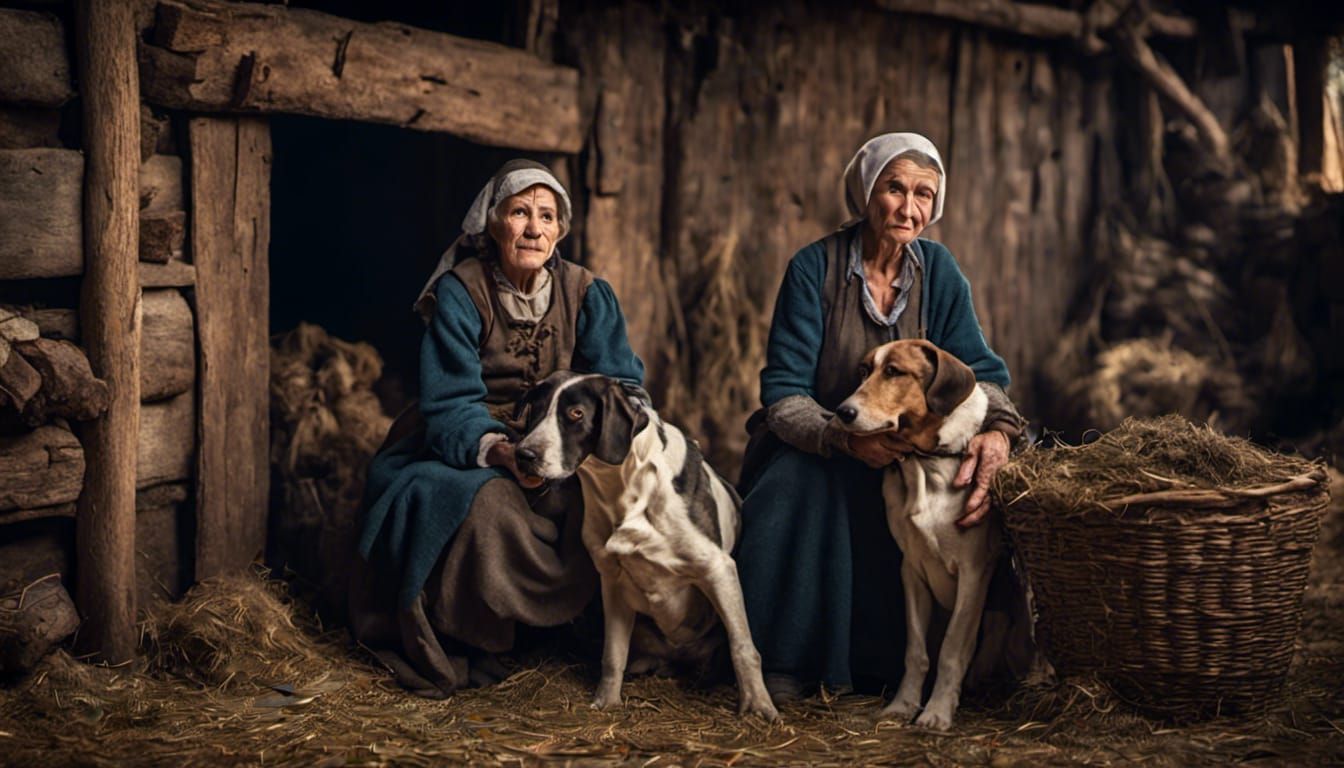 Peasant Woman and Hound Dog in Barn