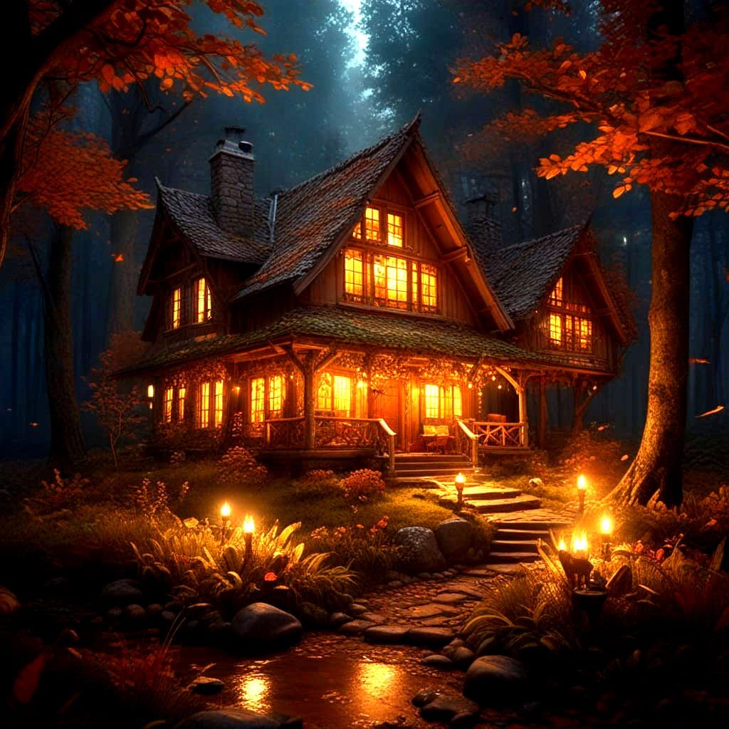 Enchanting Lodge in Autumn Forest: A Fantasy Creation