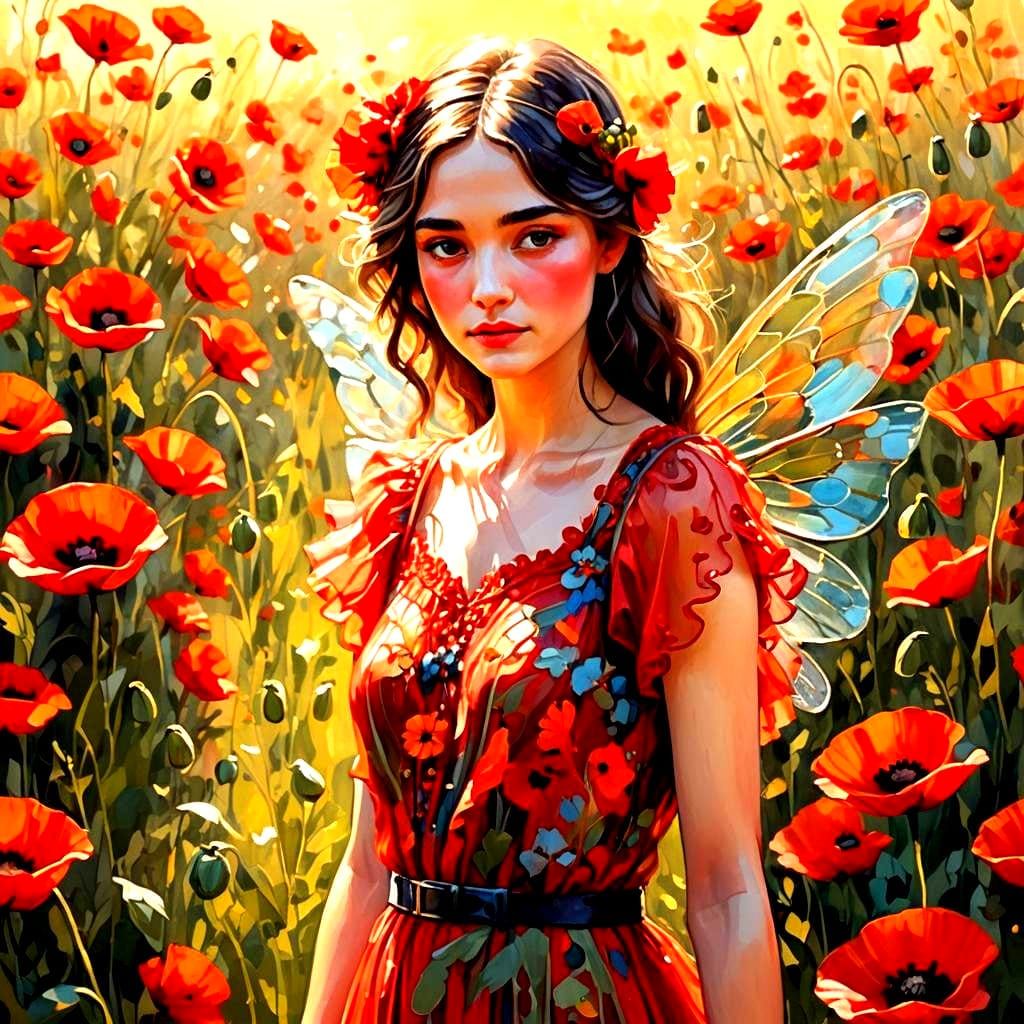 Poppy Fairy in Scarlet Dress: Digital Art