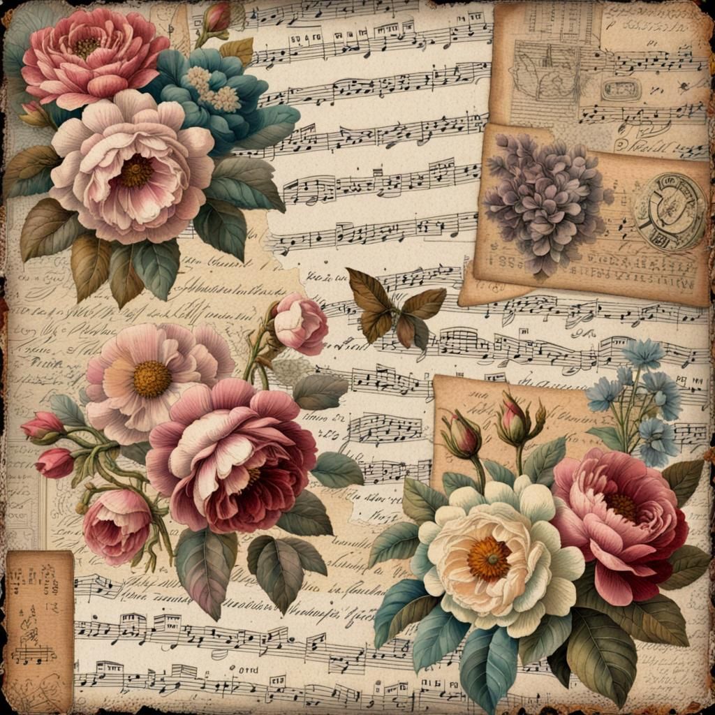 vintage grunge chic layered mixed media, collage detailing, 1900's vintage floral, victorian writing, victorian music, v...