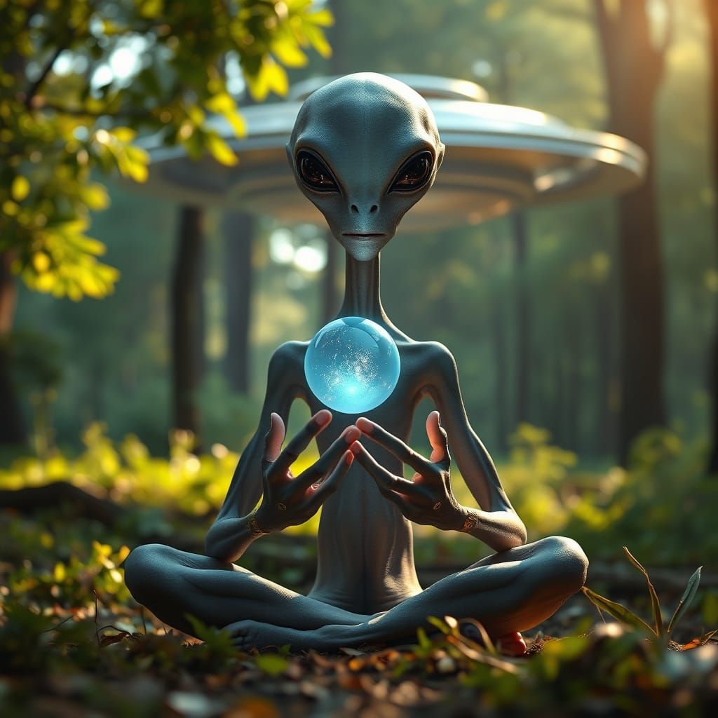 Ethereal Alien Meditator in Luminous Forest