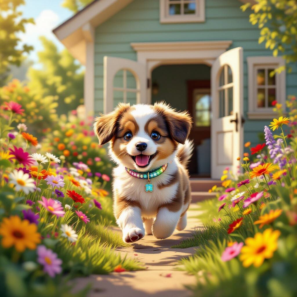 Rainbow Puppy in a Blooming Garden, Whimsical 3D Art