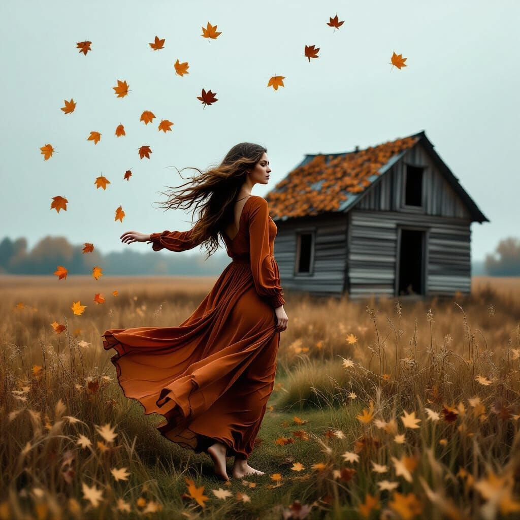 Ethereal Woman in Autumn Field as Time Unravels