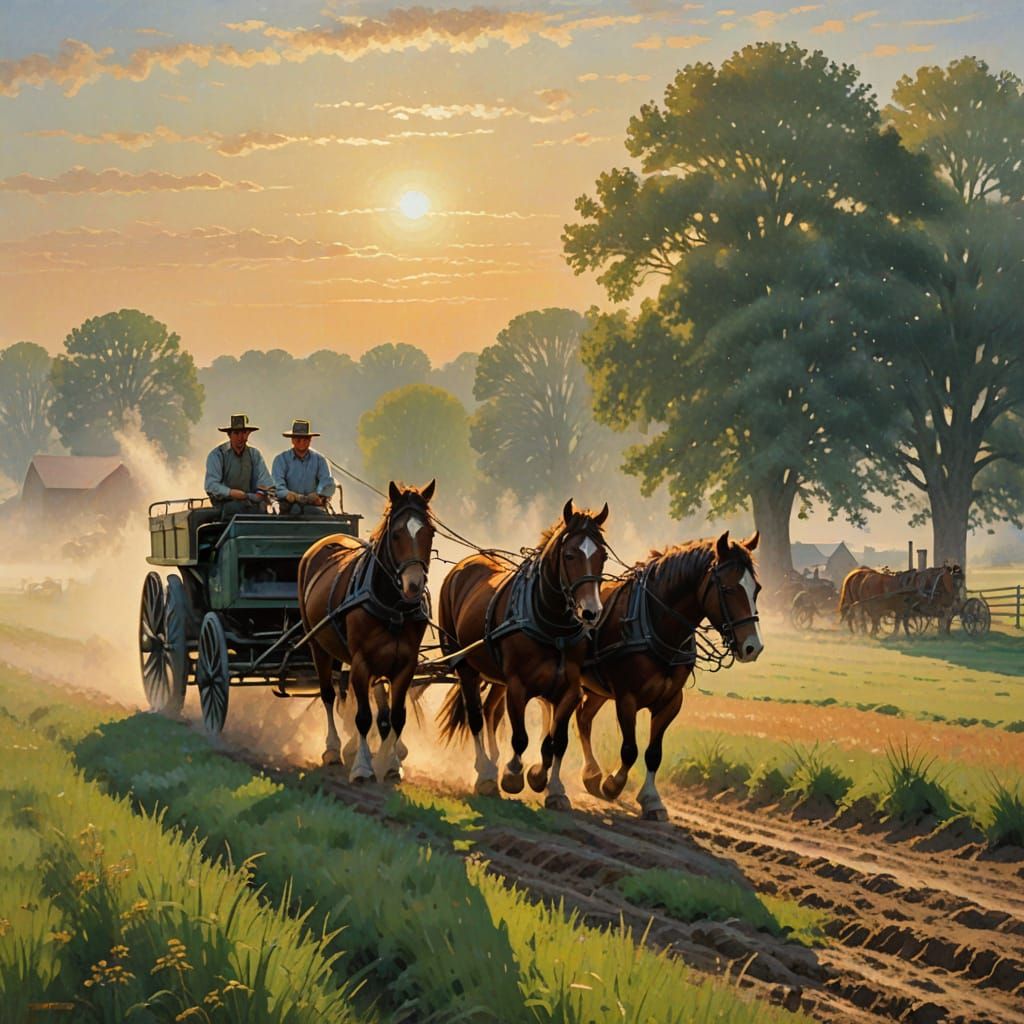 Amish Farmer Plowing Field: Impressionist Painting