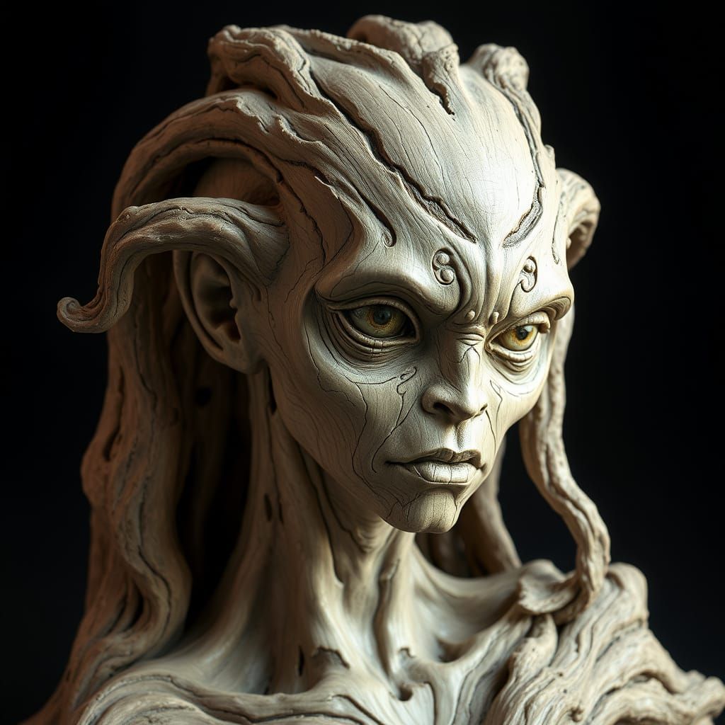 Textured Wooden Dryad Sculpture in Moody Digital Art Style
