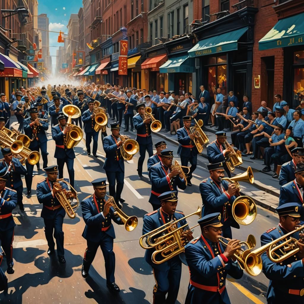 Hyperrealistic Brass Band on Vibrant Street