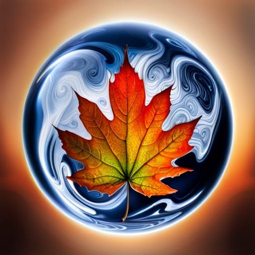 Fiery Maple Leaf in Glass Sphere: Hyperrealistic Image