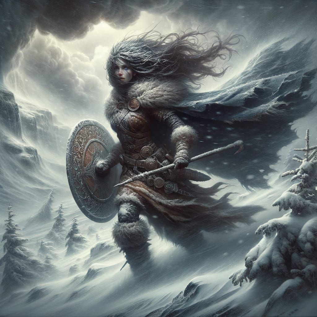 Norse Goddess Wielding Shield in Winter Blizzard Matte Paint...