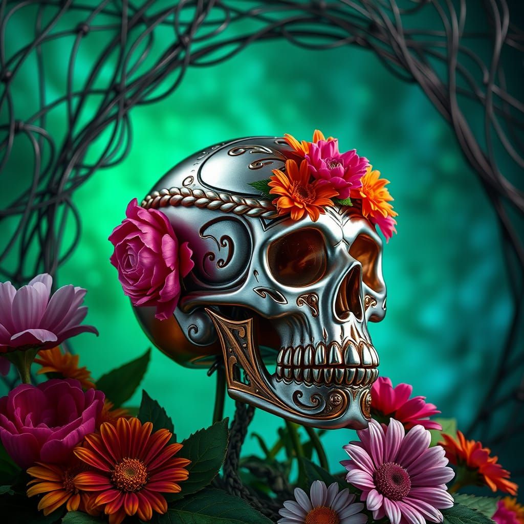 Hyperrealistic Sugar Skull Crafted from Polished Alloys