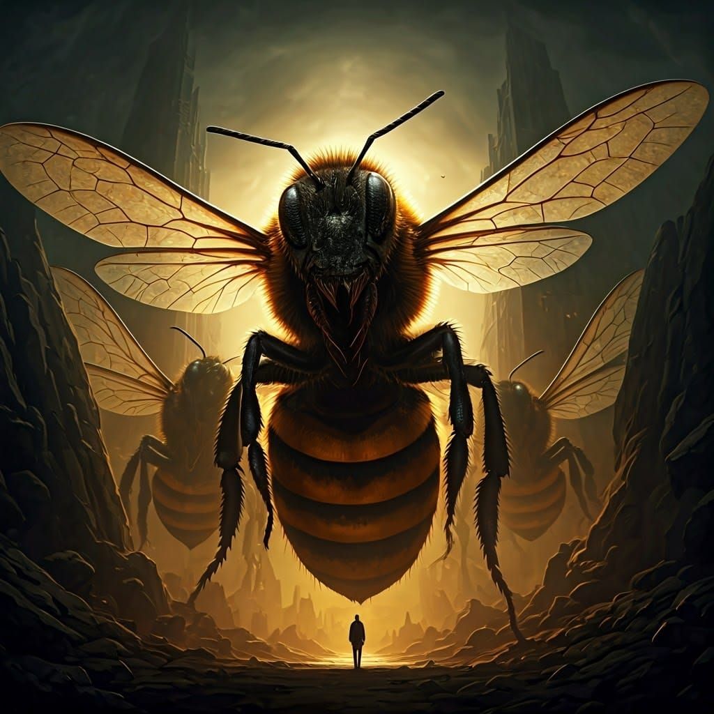 Giant Golden Bees Swarm in Dim Light