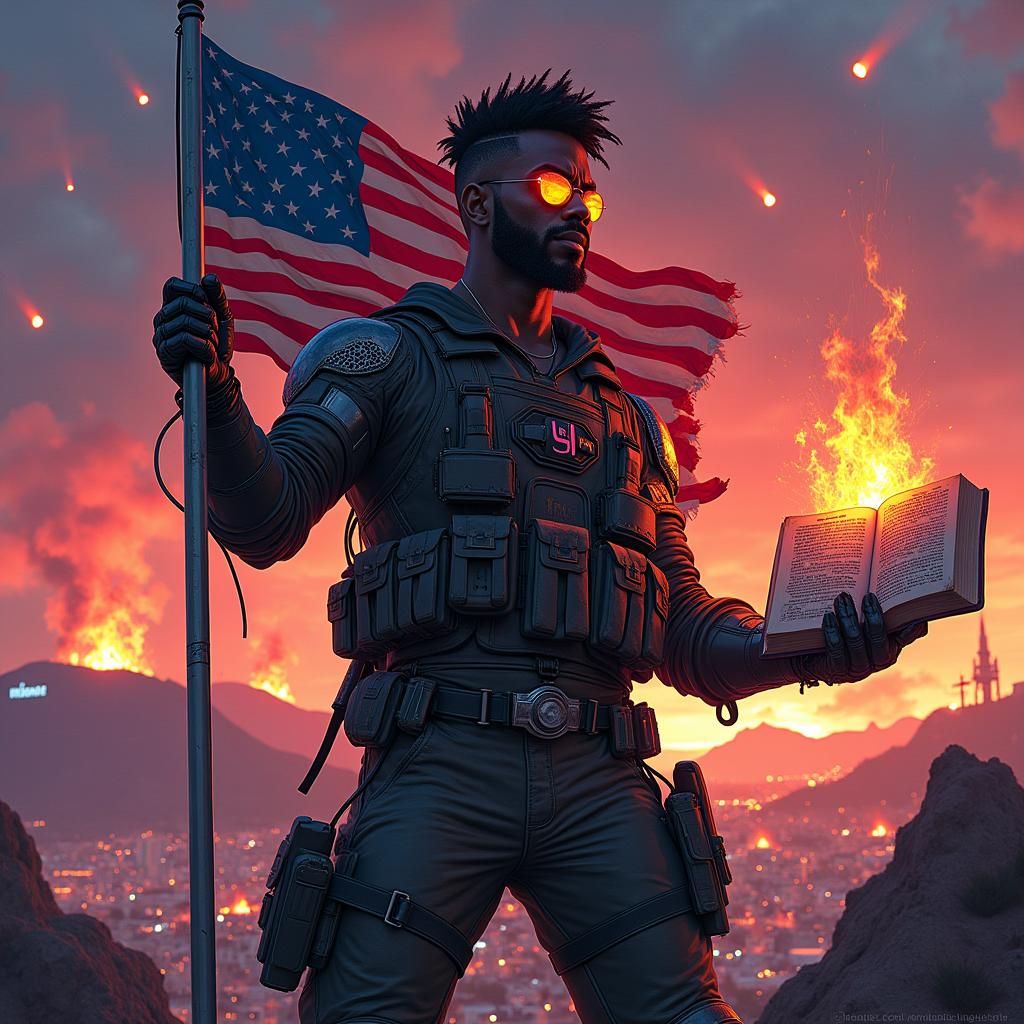 Dystopian Soldier with Burning Flag in Cyberpunk Anime Style