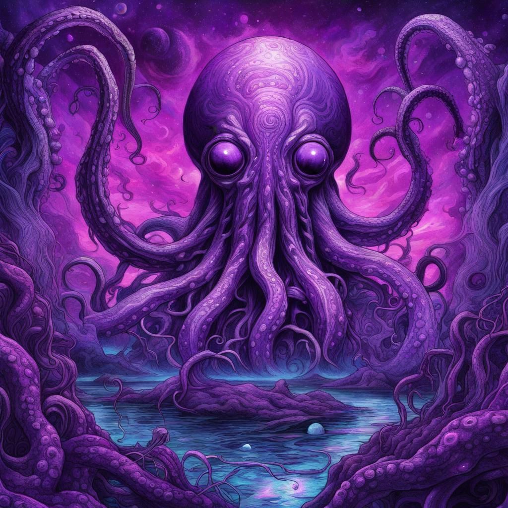 Lovecraftian Horror Landscape with Tentacles in Purple Ink