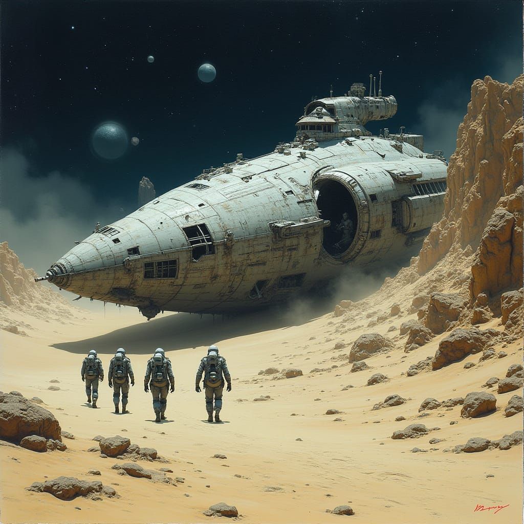 Desolate Alien Landscape with Derelict Starship