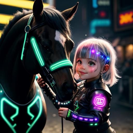 Toddler and Biopunk Horse in Dystopian City