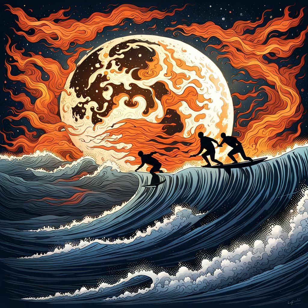 Silver Surfers Ride a Fiery Ocean Under Moon