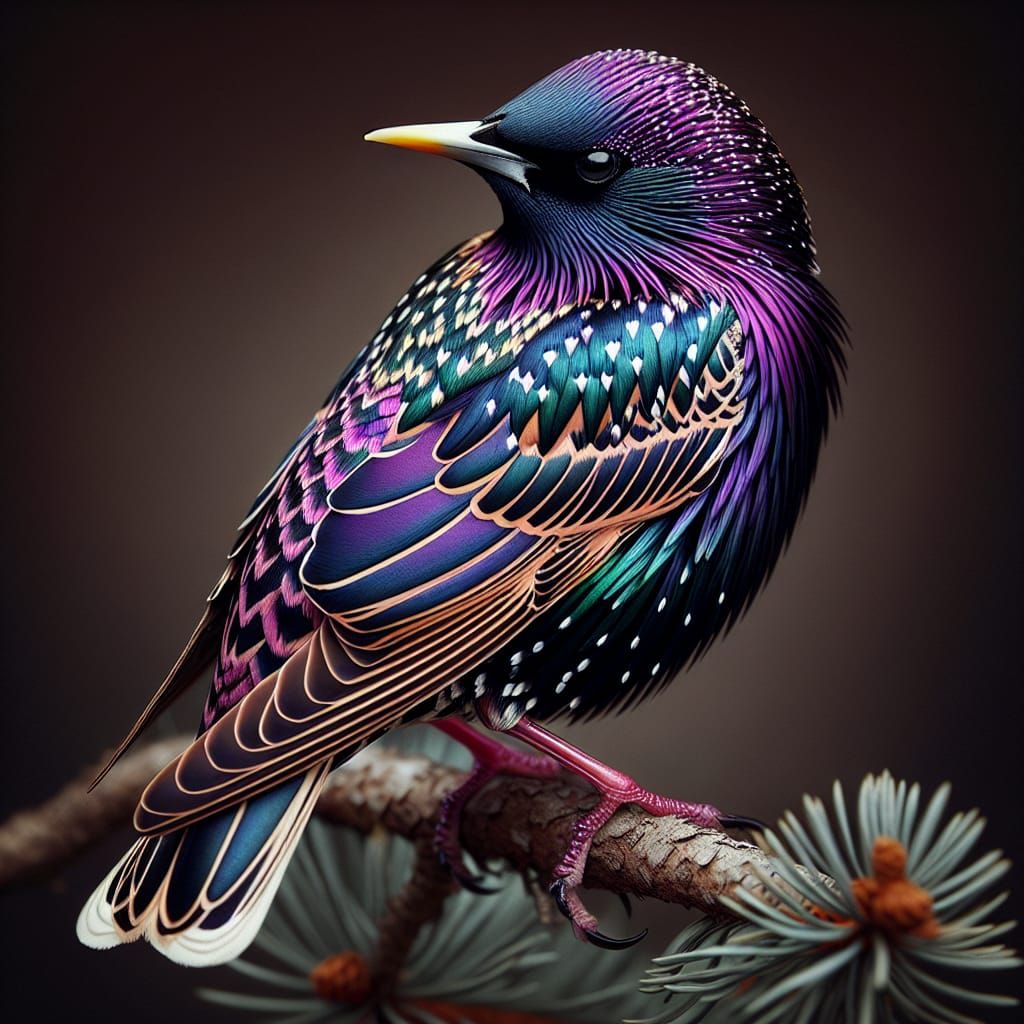 Vibrant Starling Perched on Pine Branch