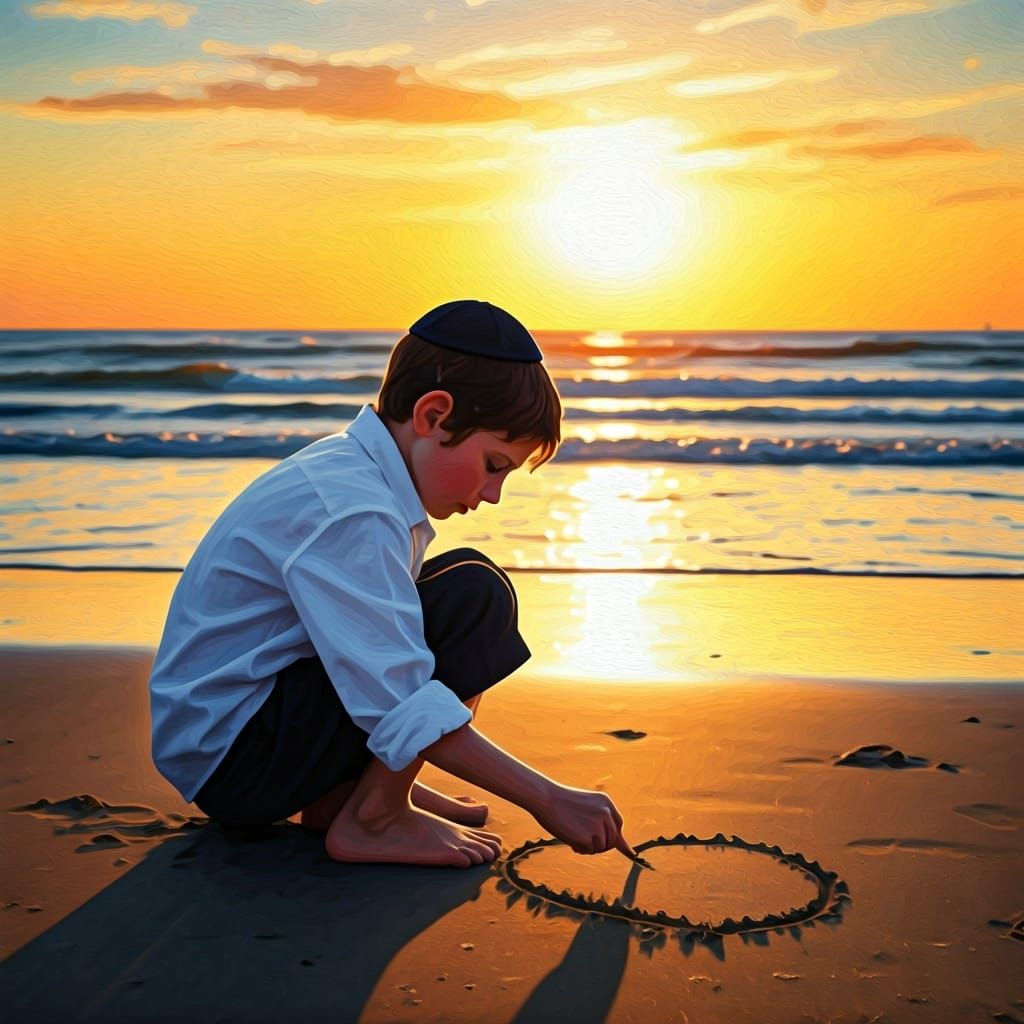 Boy Draws Heart in Sand at Sunset