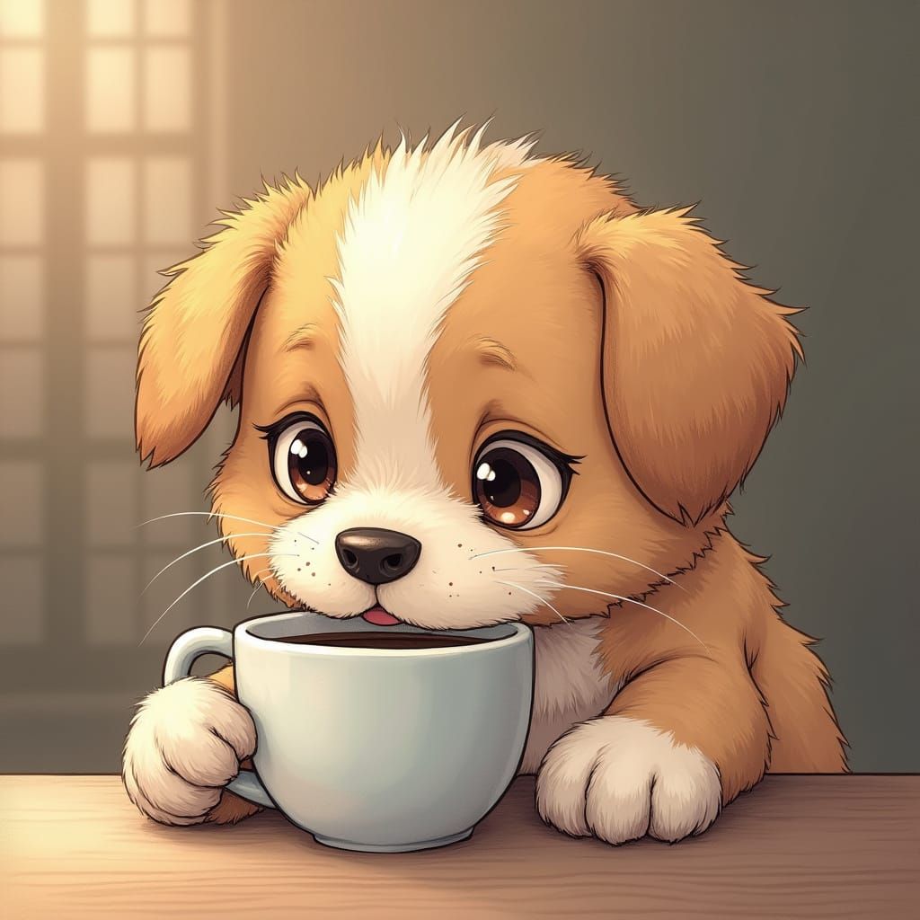 Surreal Anime-Inspired Puppy Sips Coffee in Hyper-Realistic ...
