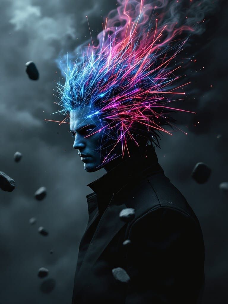 Divine Cyberpunk Figure Emerges in Neon-Lit Fractal Aura