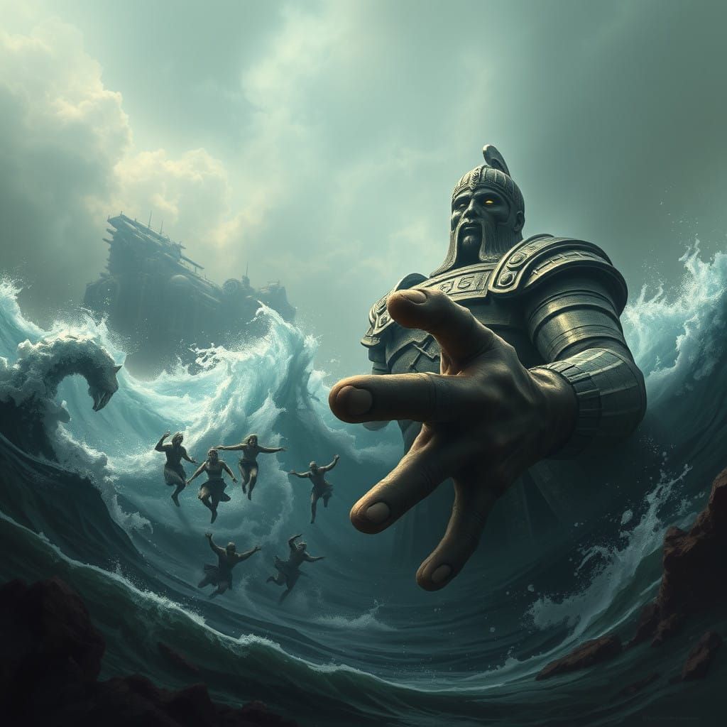 Colossal Goliath Submerged in Dark, Turbulent Waters, Seekin...