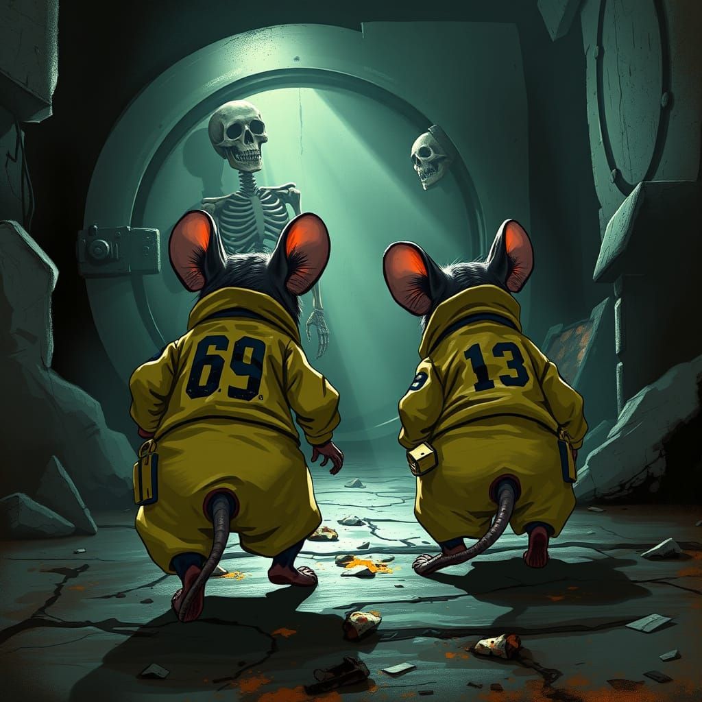 Two Mice in Vault-Tec Jumpsuits Amidst Post-Apocalyptic Ruin...