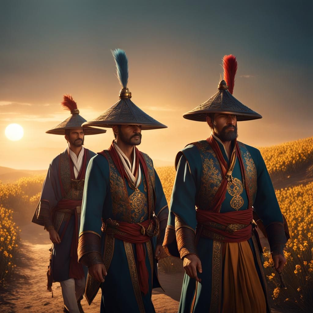 Men in Traditional Dress Walking to the Sun