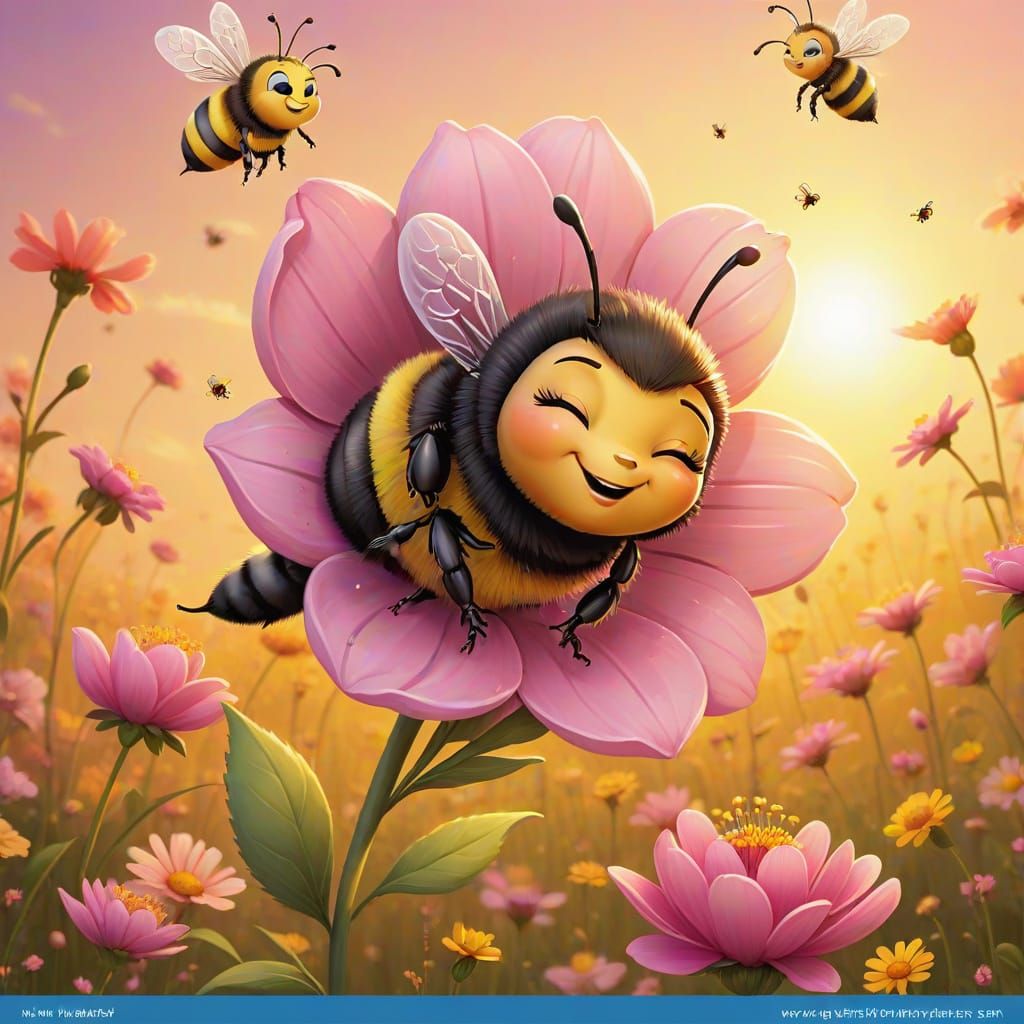 A cute, whimsical chibi cartoon bee is depicted resting on a...