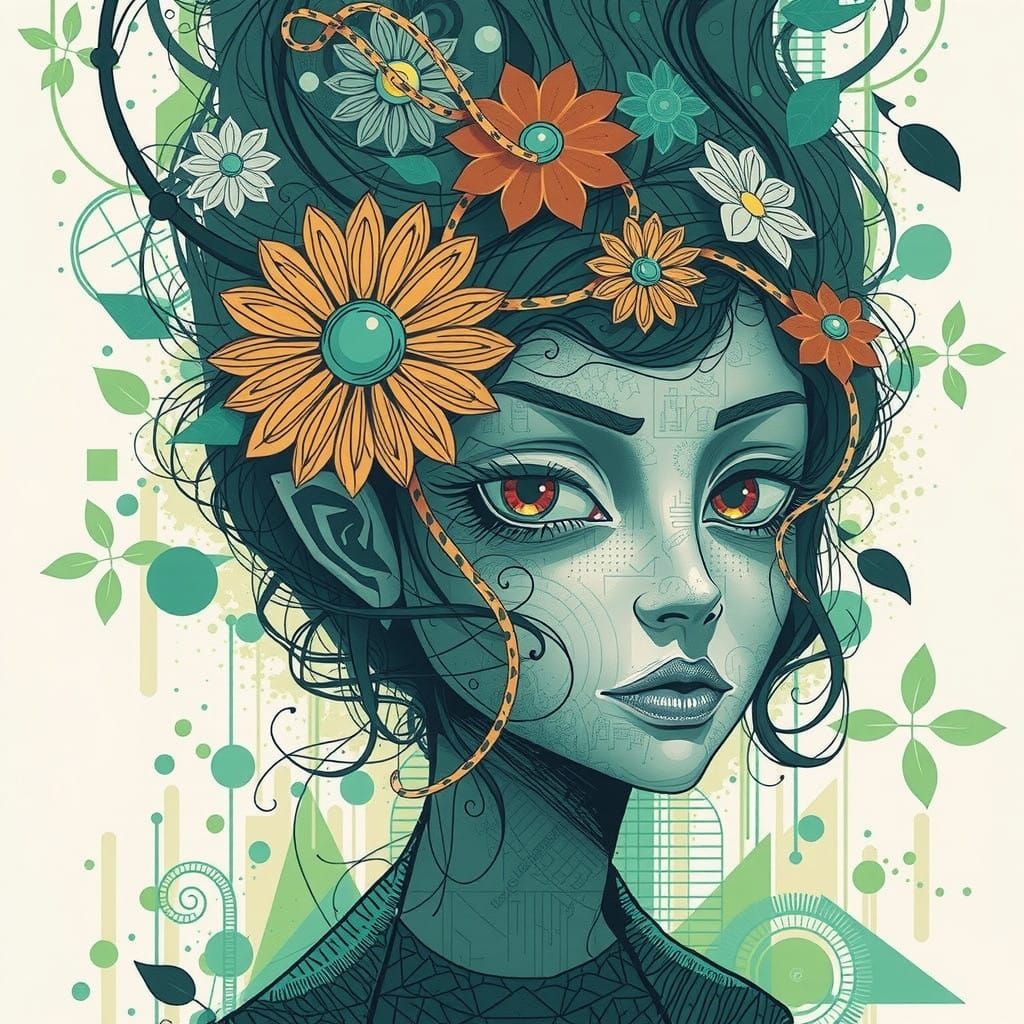 Whimsical Woman in Vibrant, Dynamic Scene