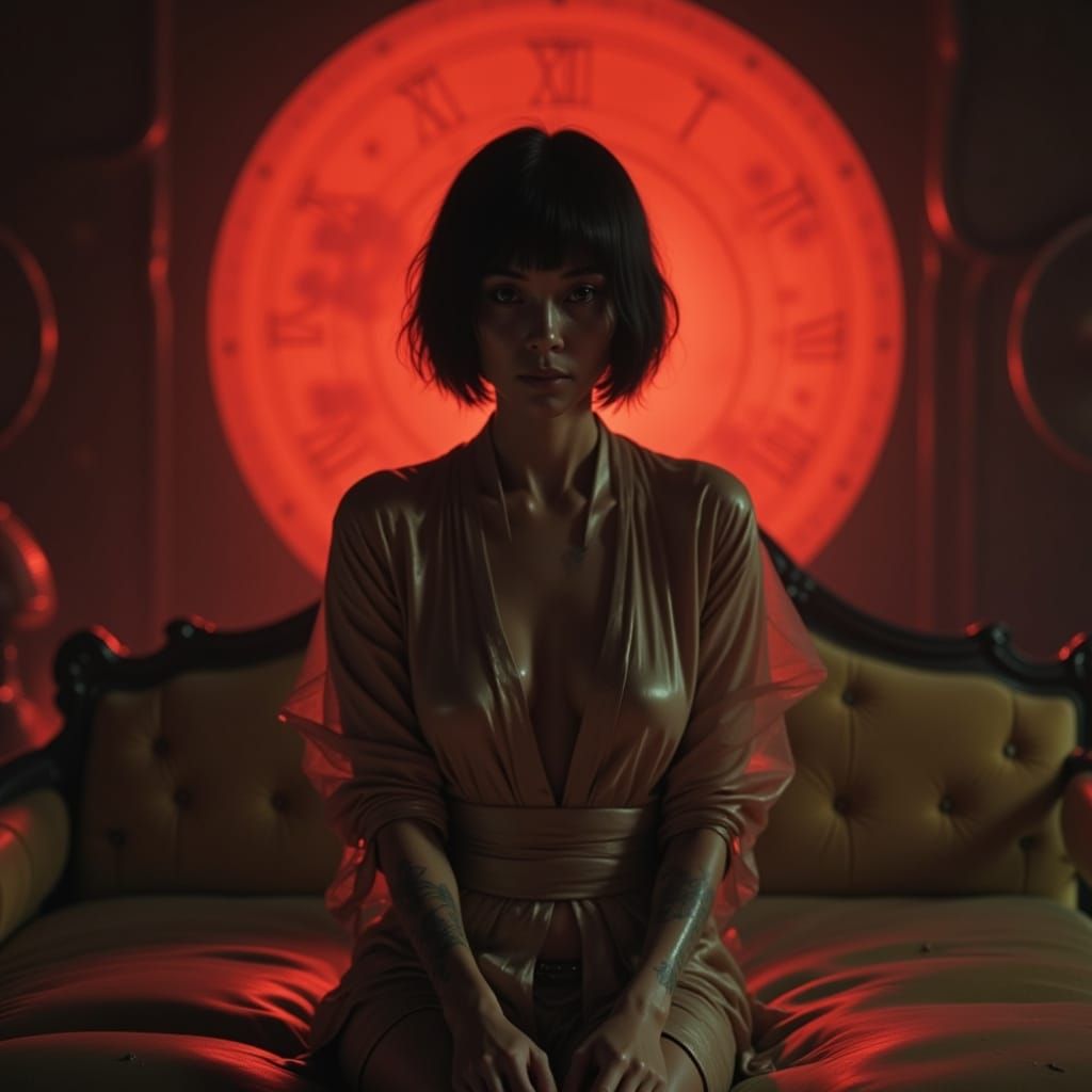 Elegant Japanese Woman in Surrealist Boudoir, Erotic Decaden...