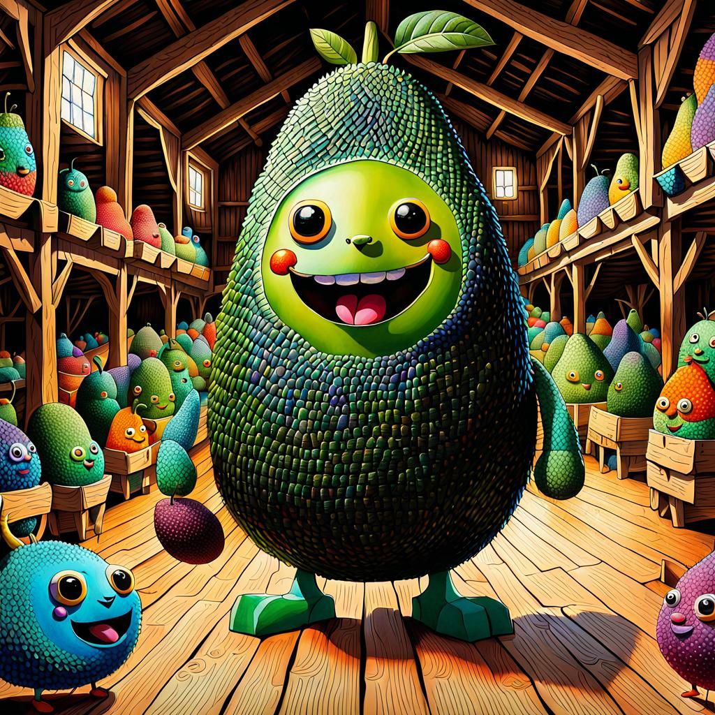 Cute Avocado Creature at Barn Dance: Surreal Digital Art