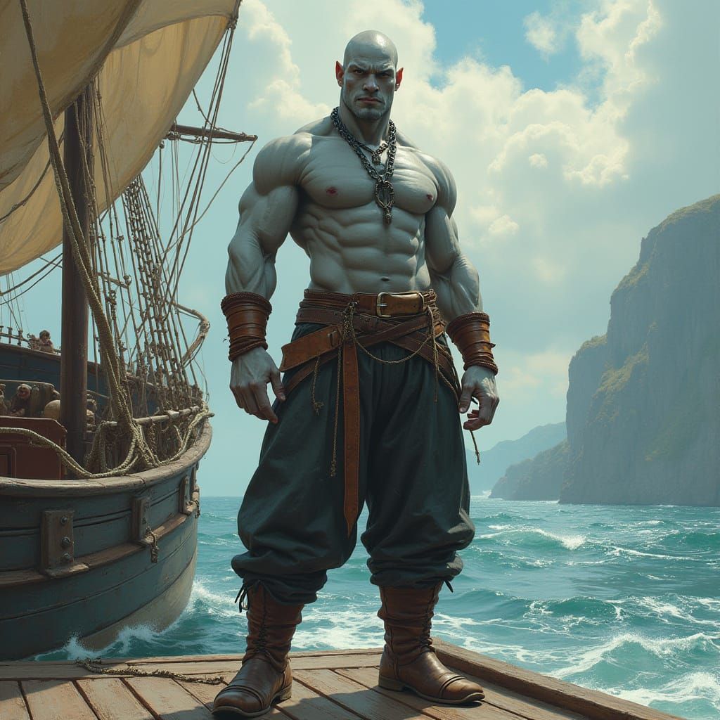 Confident Half-Orc on Deck in Detailed Realism