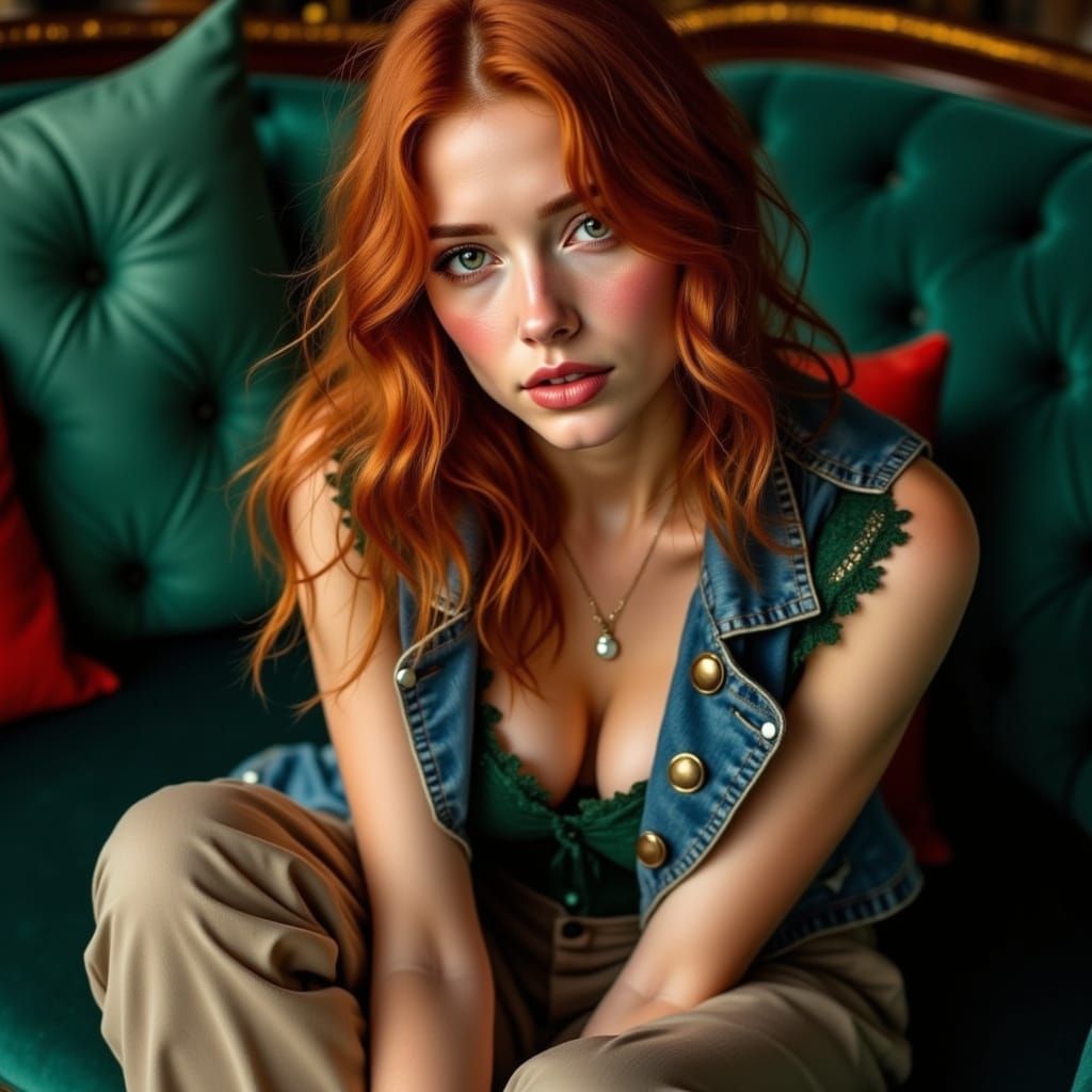 Hyper-Realistic Pin-Up Girl in Emerald Green Setting