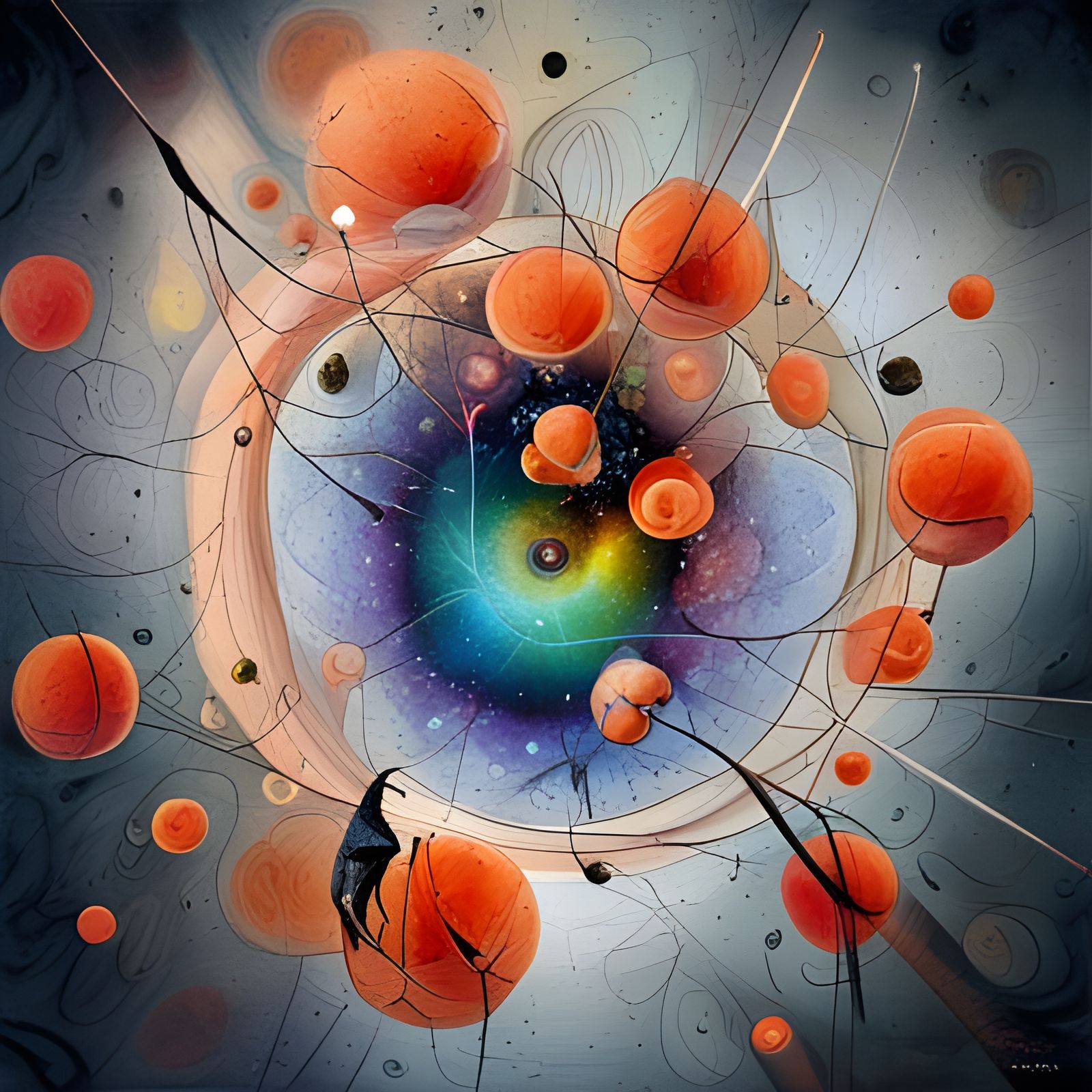 Surreal Abstract Art with Red Orbs in Dreamscape