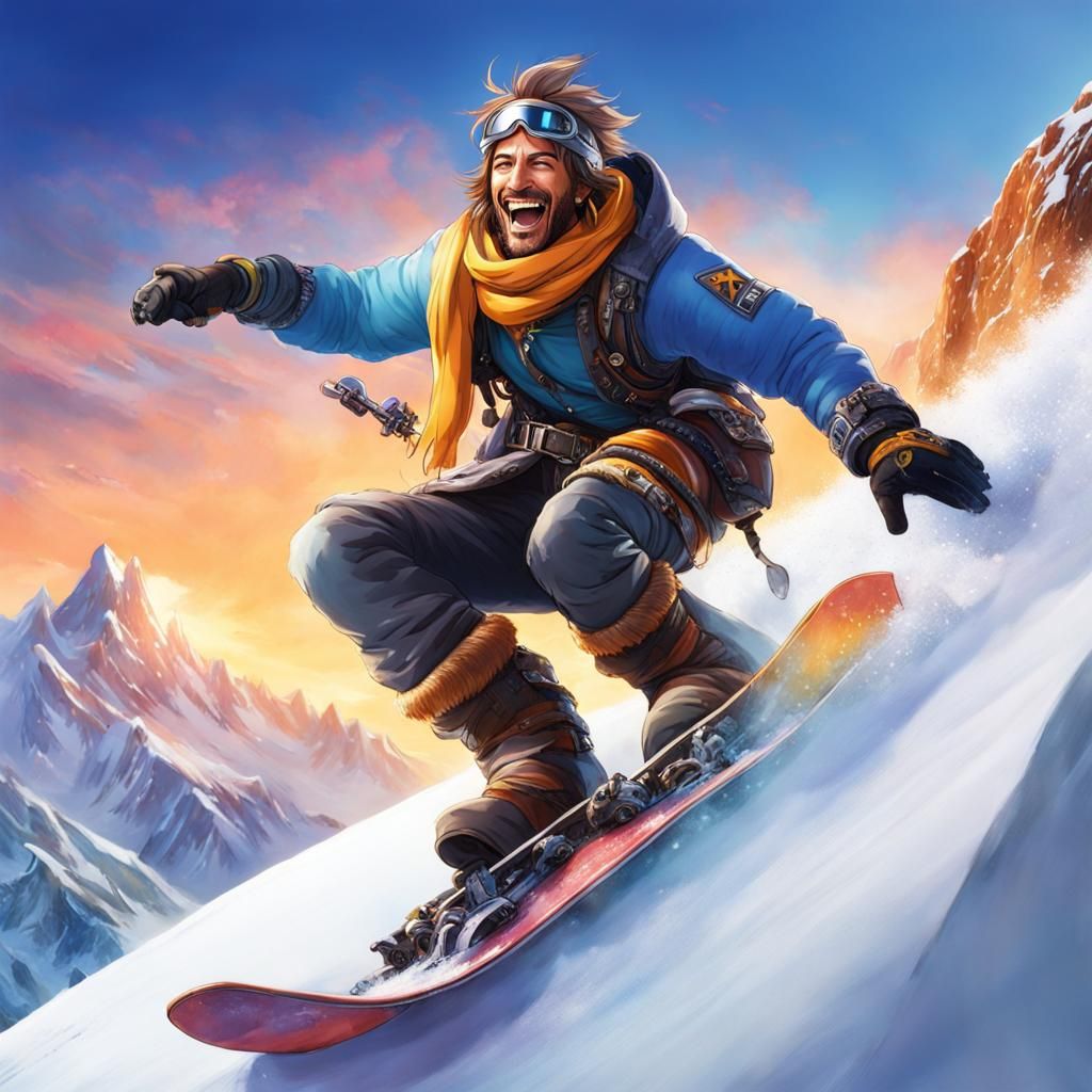 Jecht Snowboarding in the Alps: Hyperrealistic Splash Art