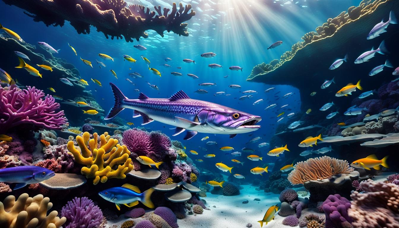Purple Barracuda in Sunlit Coral Reef