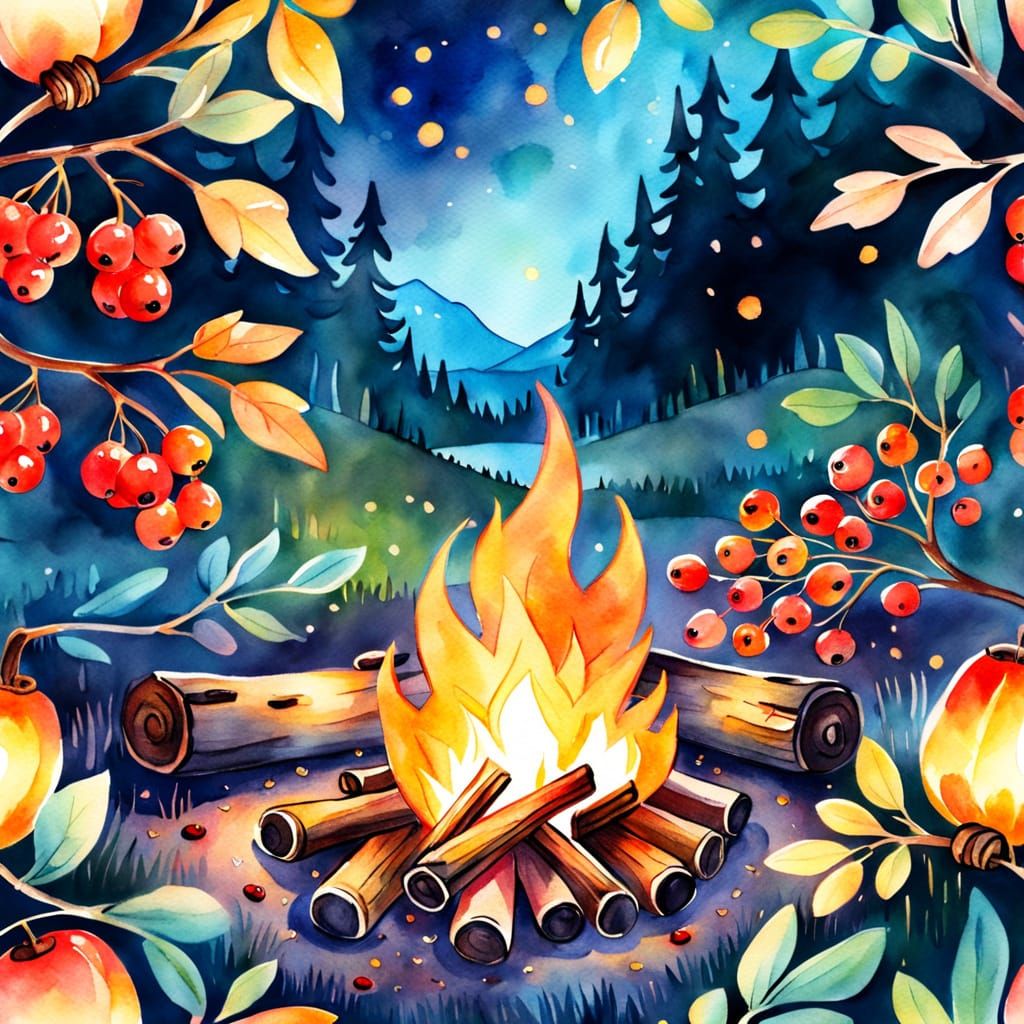Watercolor Campfire and Rowan Berries Sketch