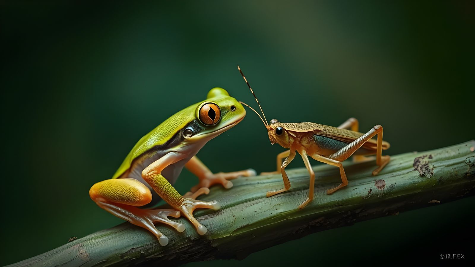a tropical tree-frog is surprised by a grasshopper