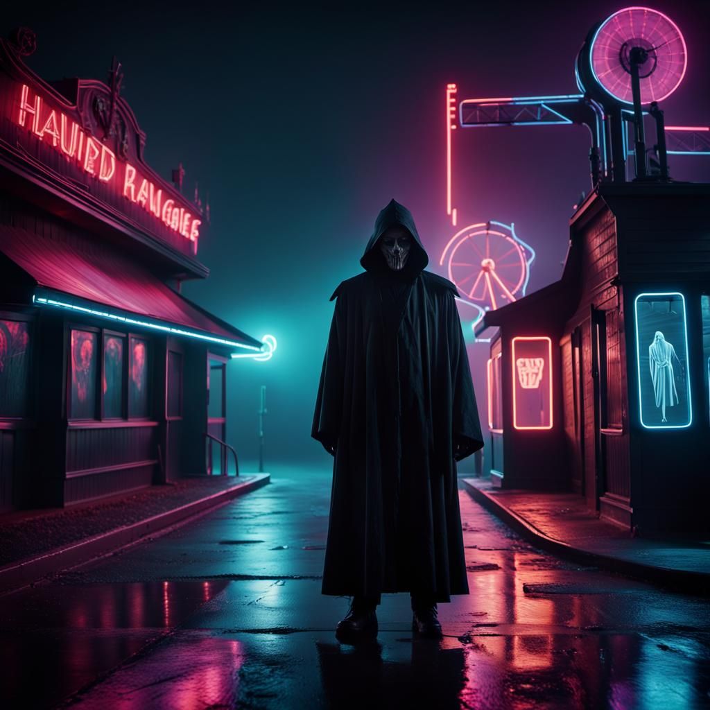 Grim Reaper at Haunted House in Neon-Noir