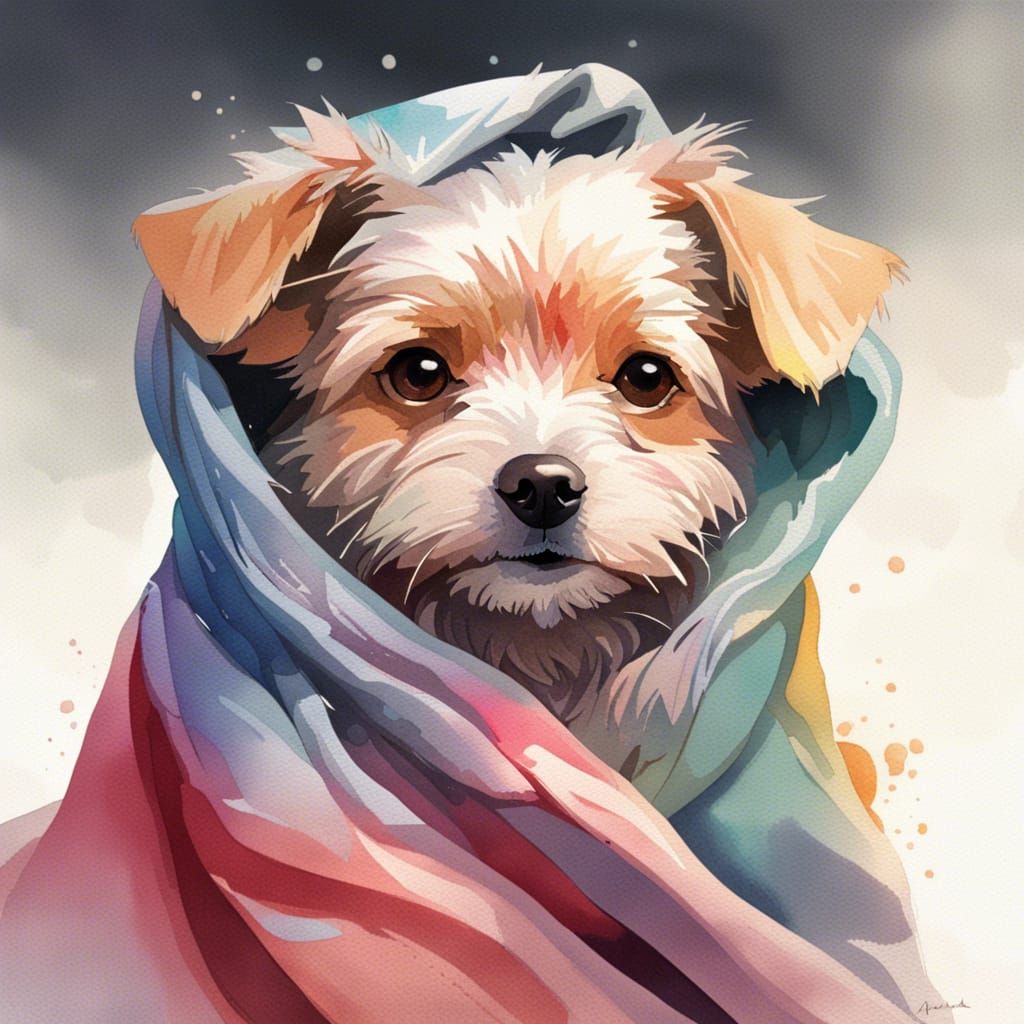 Cute Dog in Blanket, Watercolor Portrait
