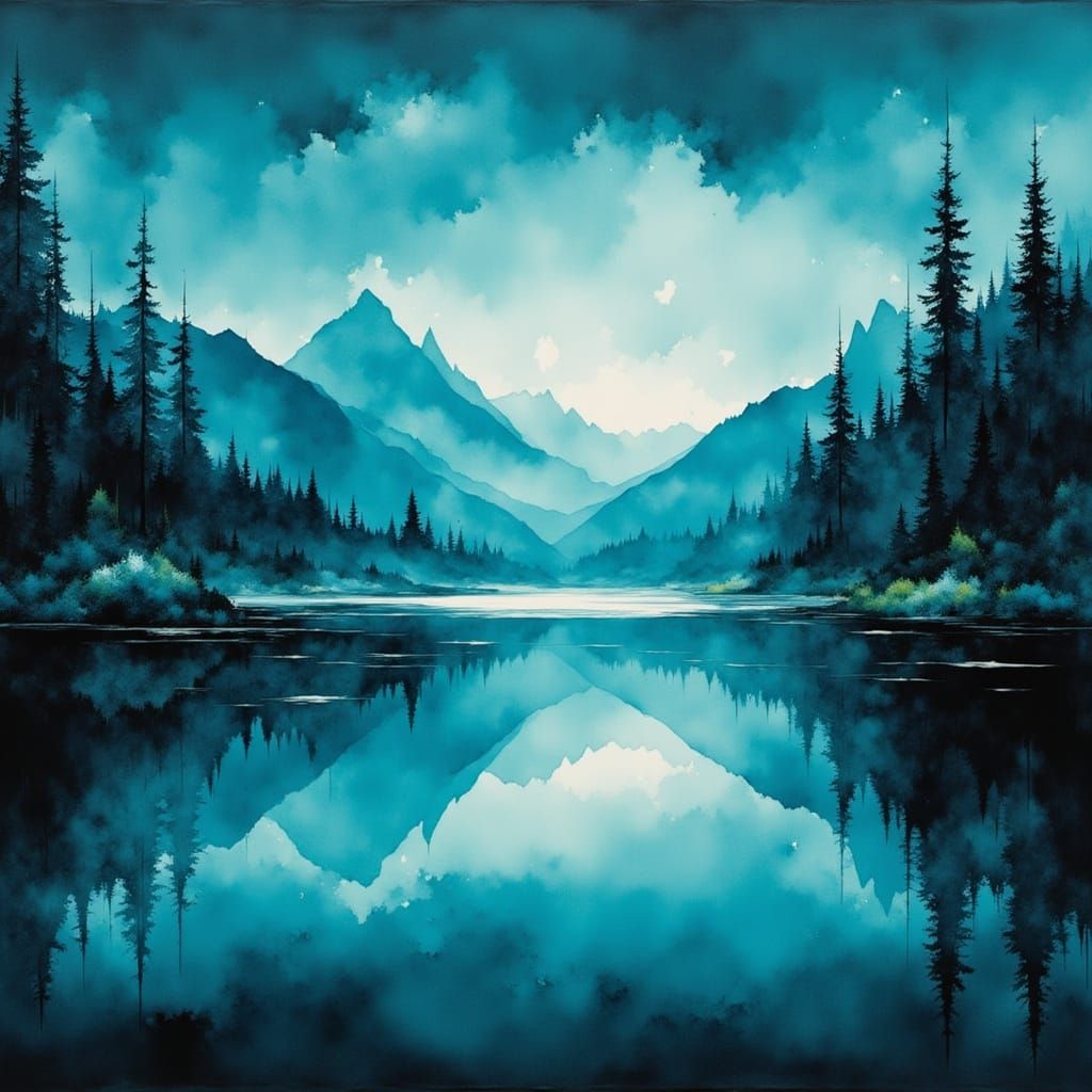 Ethereal Twilight Lake in a Cyberpunk Aesthetic