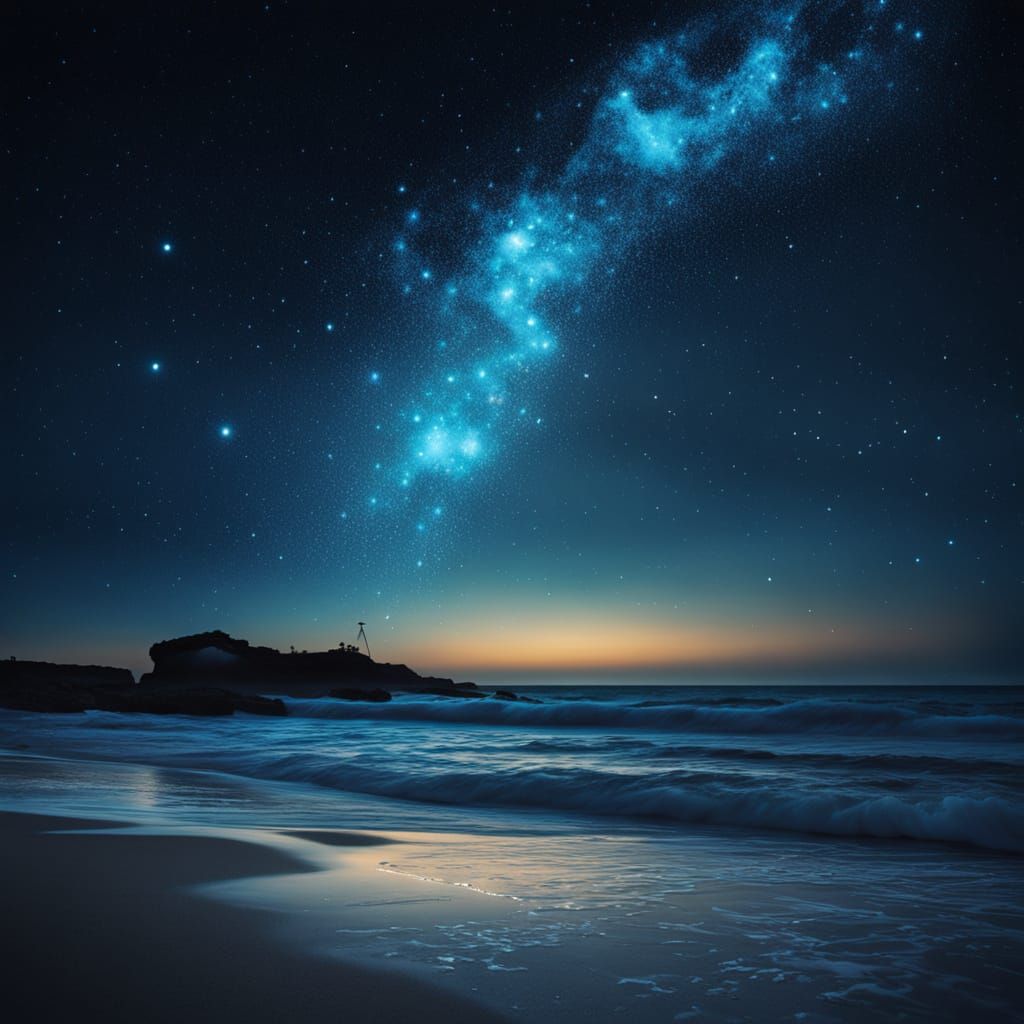 Bonfire Under Starry Sky with Bioluminescent Waves