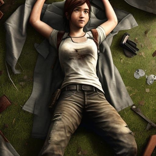 full portrait view of Ellie of the last of us, with torn cloth, larging perky big hangingbreasts DD-cup, photorealism, c...